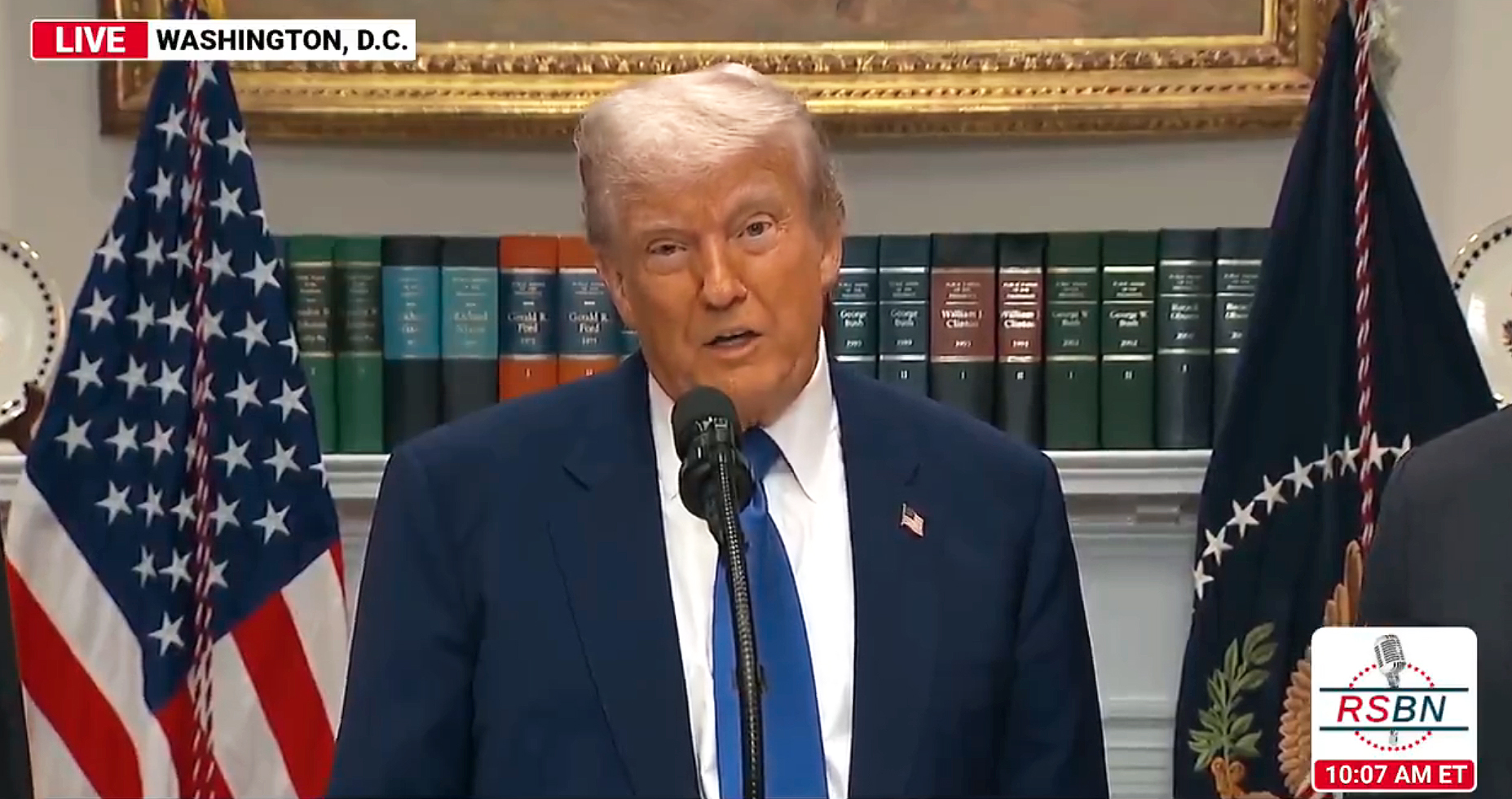 President Donald Trump speaks at the White House. 