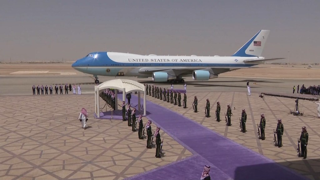 President Donald Trump arrives in Riyadh Provider on Air Force One on May 13, 2025.