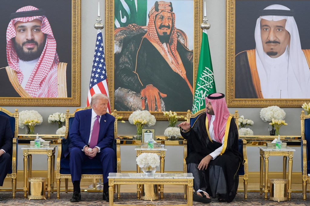 President Donald Trump and Saudi Crown Prince Mohammed bin Salman speak during a coffee ceremony at the Royal Terminal of King Khalid International Airport in Riyadh