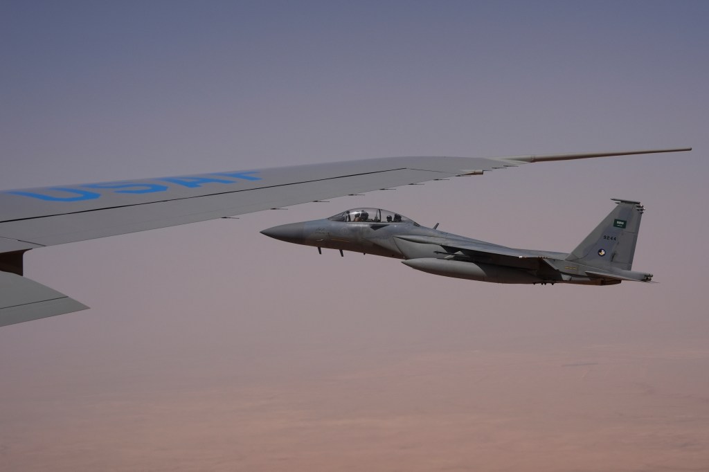 Saudi Air Force F-15 warplanes escort Air Force One carrying President Donald Trump as it arrives in Saudi Arabia, Tuesday, May 13, 2025. 