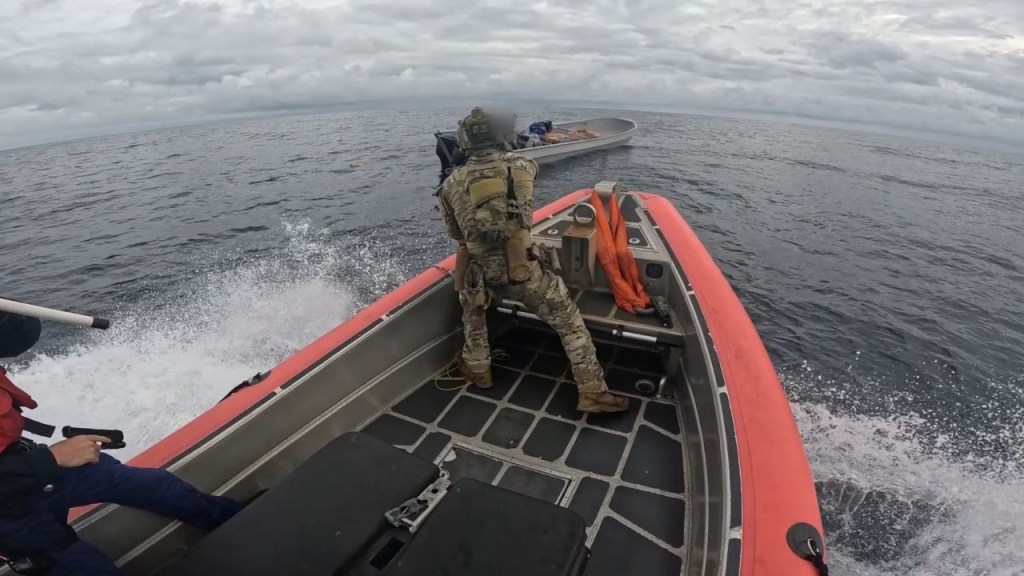 U.S. Coast Guard Cutter Kimball (WMSL 756) interdicts a suspected drug smuggling vessel while patrolling the Eastern Pacific Ocean, April 17, 2025. 
