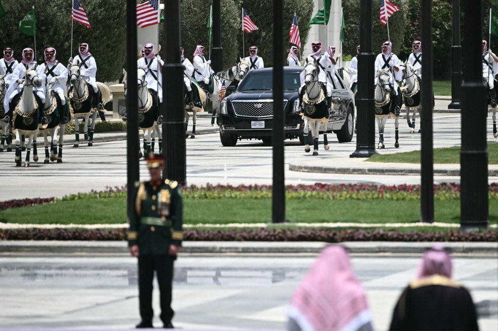 A convoy transporting the US President arrives at the Royal Court in Riyadh on May 13, 2025.