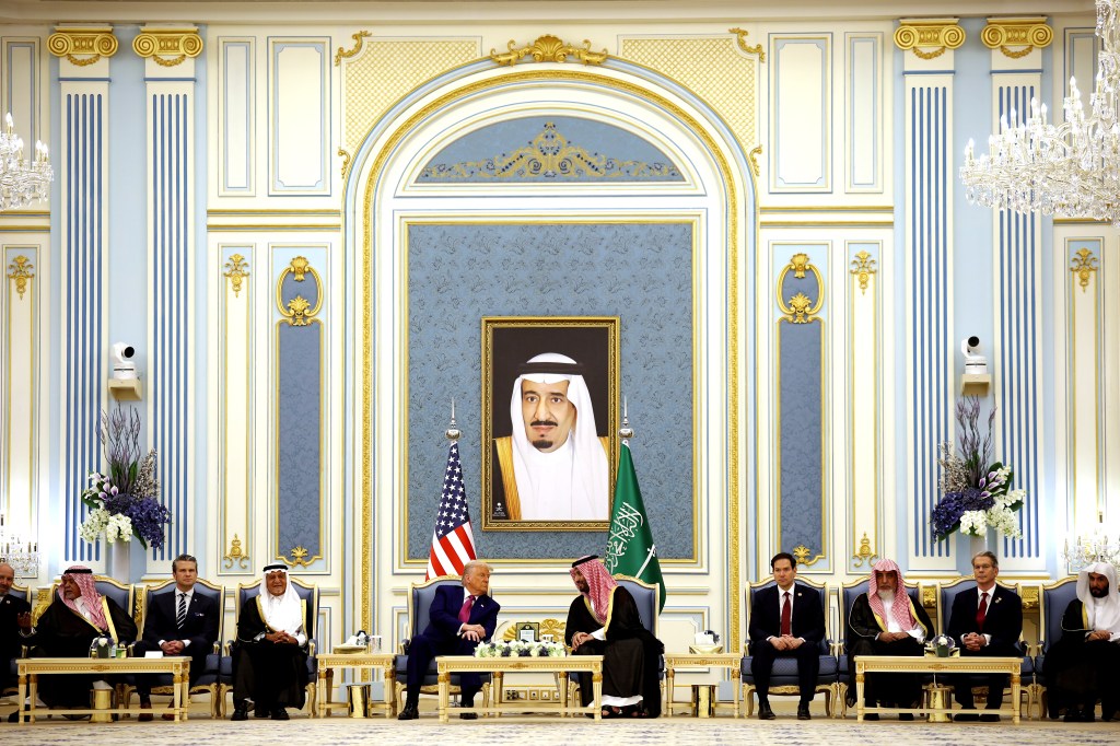 President Donald Trump meets with Saudi Crown Prince Mohammed bin Salman during a coffee ceremony at the Saudi Royal Court on May 13, 2025, in Riyadh, Saudi Arabia.