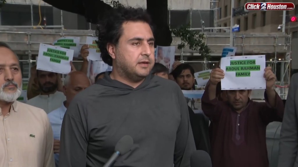 Abdullah Khan, Abdul Rahman Waziri's older brother who also served in the National Mine Reduction Group, talks to the press after his brother was gunned down in a Houston parking lot.