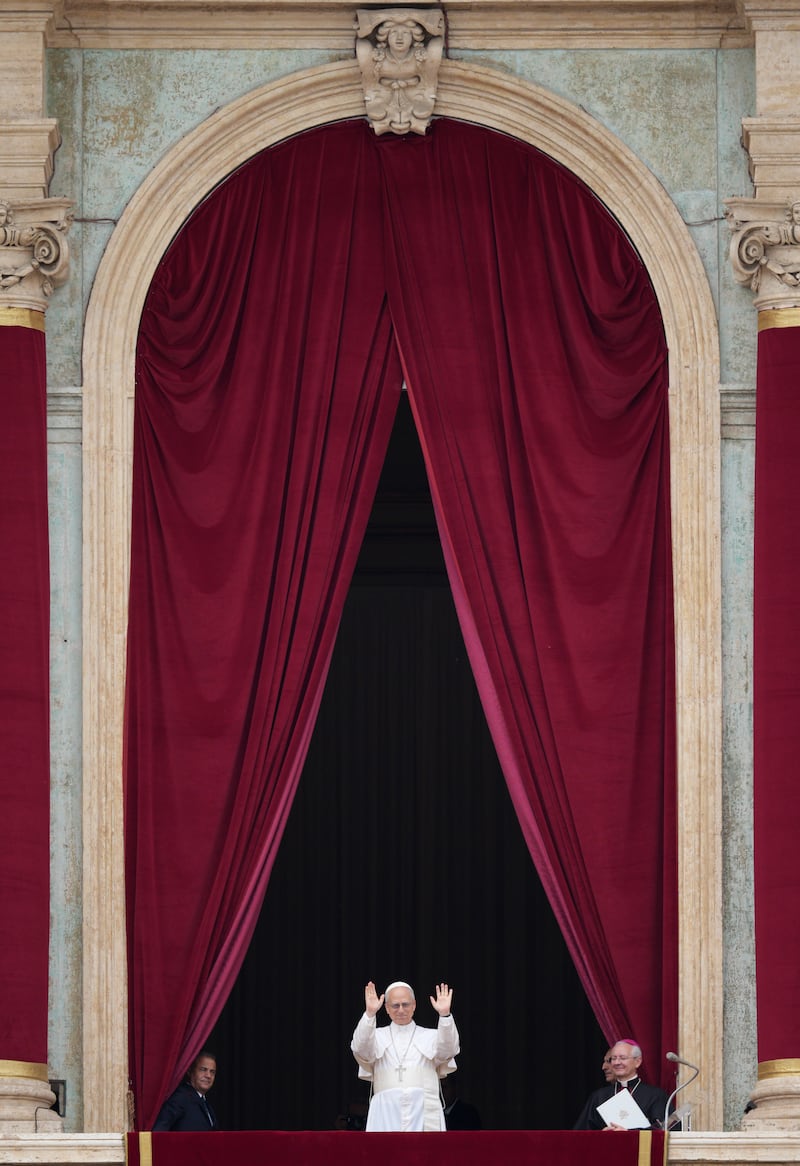 Pope Leo XIV appears on St. Peter's Basilica for the Regina Caeli prayer in St. Peter's Square on May 11, 2025 in Vatican City, Vatican.