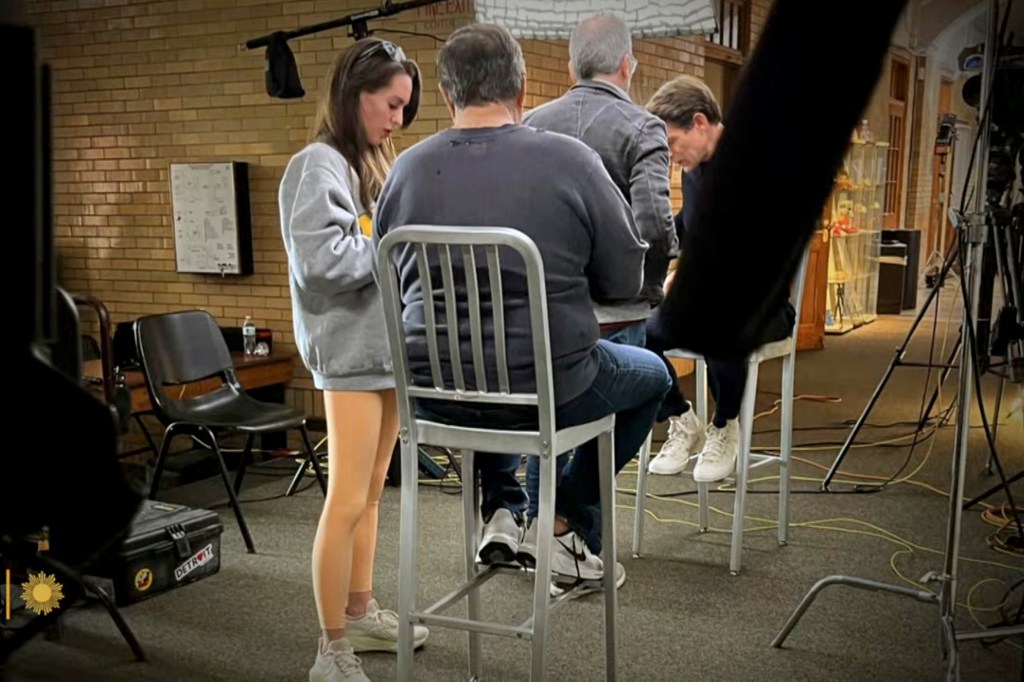 Bill Belichick and Jordan Hudson on the CBS Sunday Morning set.
