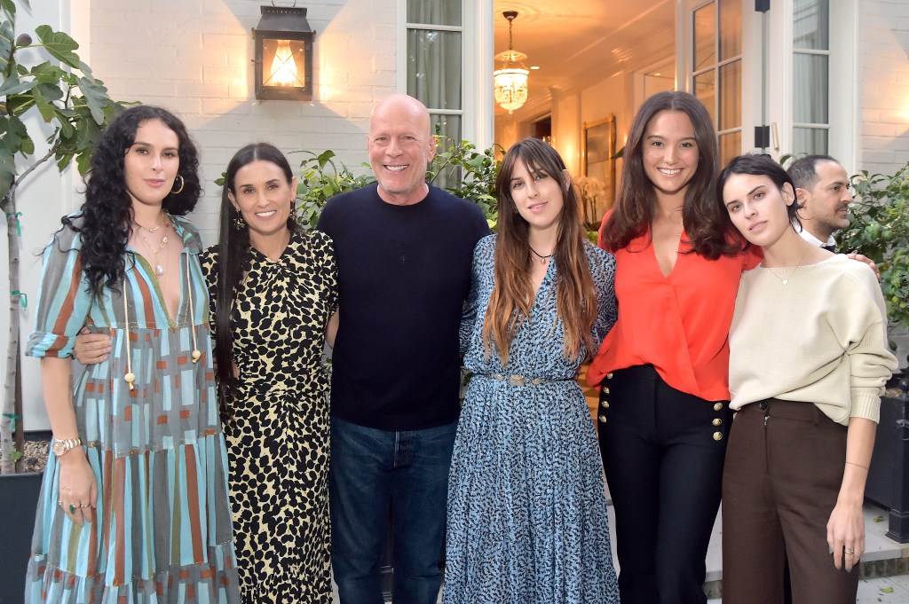 Rumer Willis, Demi Moore, Bruce Willis, Scout Willis, Emma Heming Willis and Tallulah Willis attend Demi Moore's 'Inside Out' Book Party on September 23, 2019 in Los Angeles, Calif