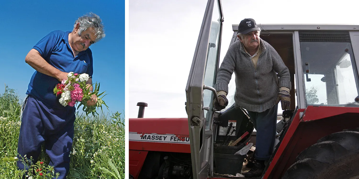 Two photos show José Mujica on his farm.