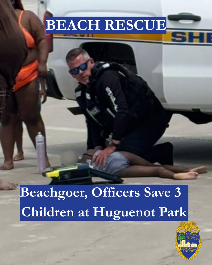 Beach Patrol Officer Tyler Sweeney shedding his vest and gear and plunging into the water with a buoy to save 3 kids nearly drowned in a Florida rip current