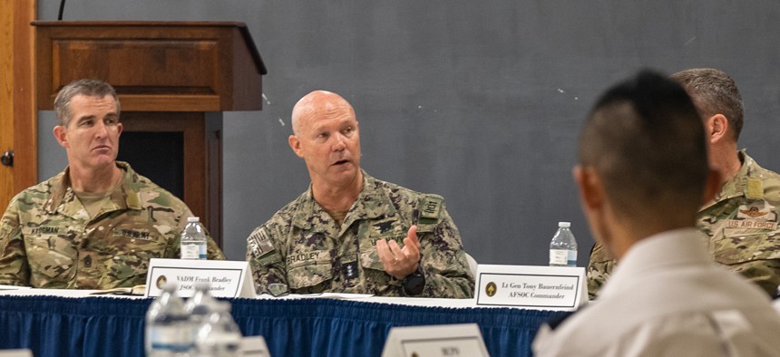 Vice Adm. Frank Bradley, center, and Command Sgt. Maj. Andrew Krogman, Joint Special Operations Command command team, lead a discussion at Kadena Air Base, Japan, on July 12, 2023.