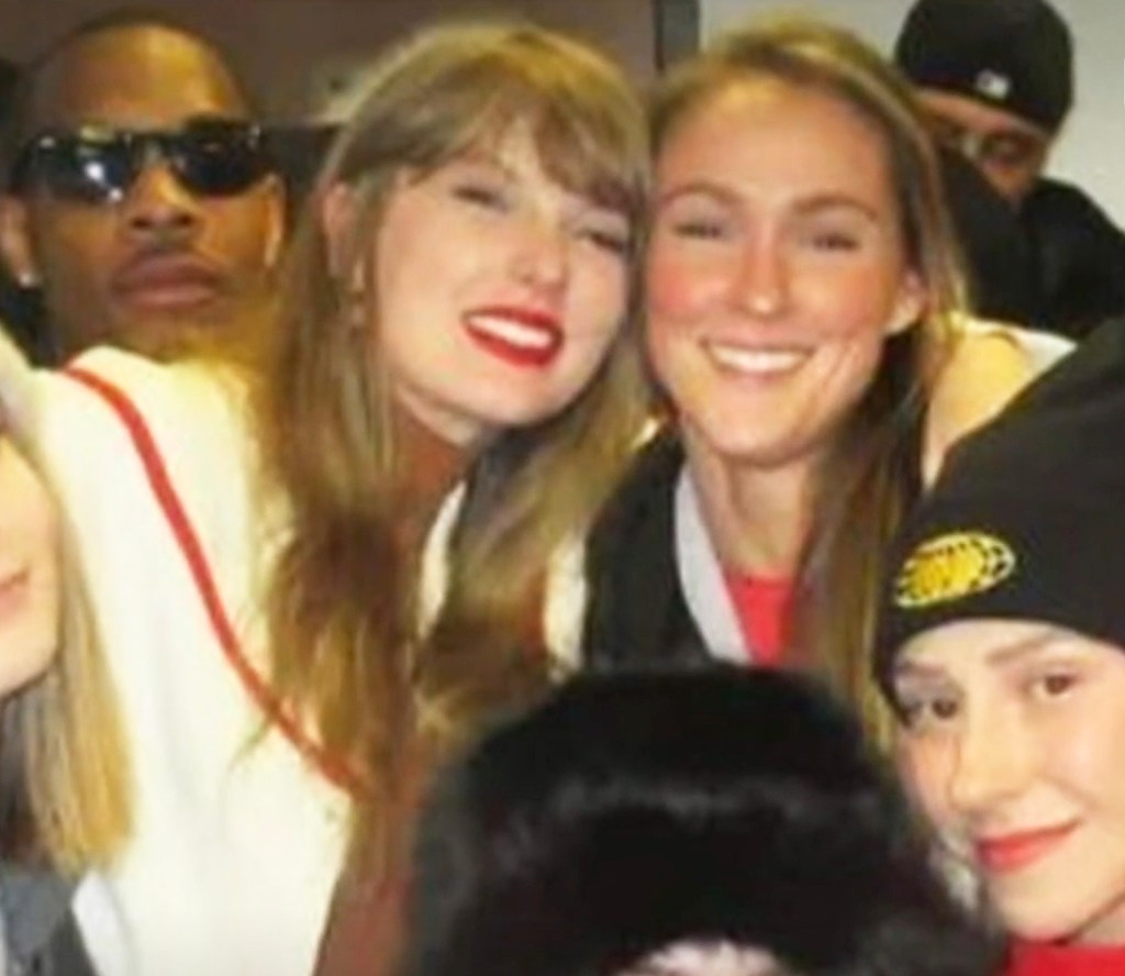 Taylor Swift and Kylie Kelce pose together.