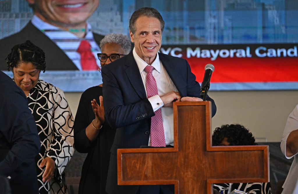 Former Governor Andrew Cuomo (pictured) visited two churches today as part of his comback tour in the City of New York to win the race for mayor this year. Here, he speaks to the congregation at the Mount Ararat Baptist Church. 425 Howard Avenue, Brooklyn, NY.
