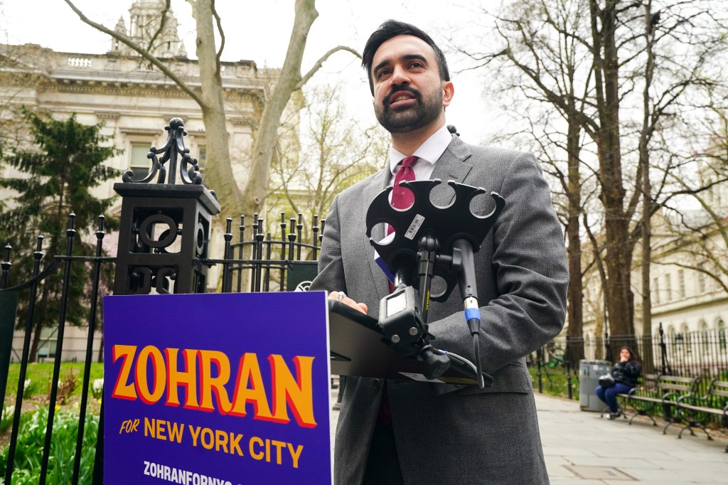 Zohran Mamdani, running for NYC Mayor speaks to the press alongside City Hill on Broadway at Warren St.
