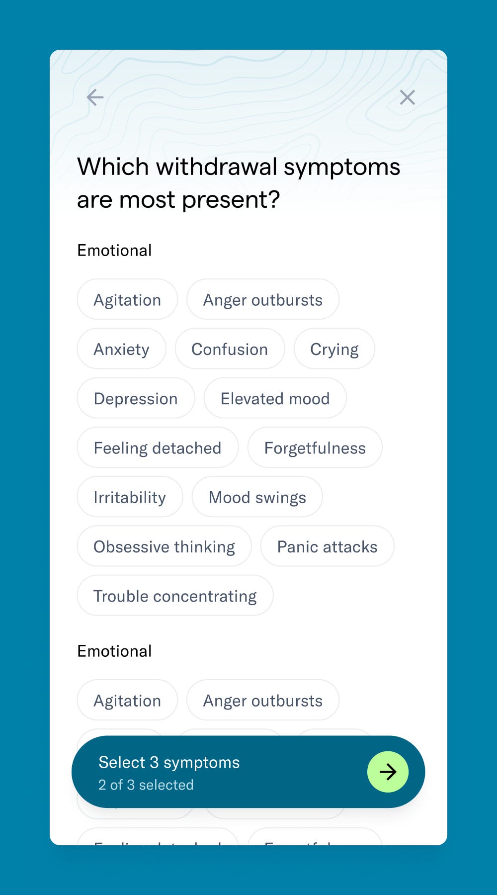 outro screenshot showing withdrawal symptoms q's