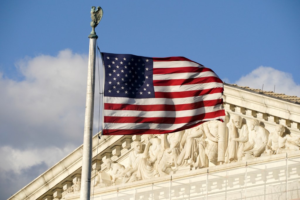 A general view of the Supreme Court building located at 1 First Street NE in Washington, DC on April 15, 2025. 