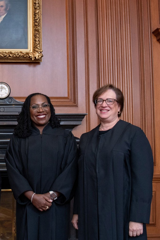 This handout picture provided by the US Supreme Court, from L to R, US Supreme Court Associate Justices Ketanji Brown Jackson and Elena Kagan pose for a photo in the Justices Conference Room prior to Jackson's investiture ceremony at the Supreme Court in Washington, DC, on September 30, 2022.