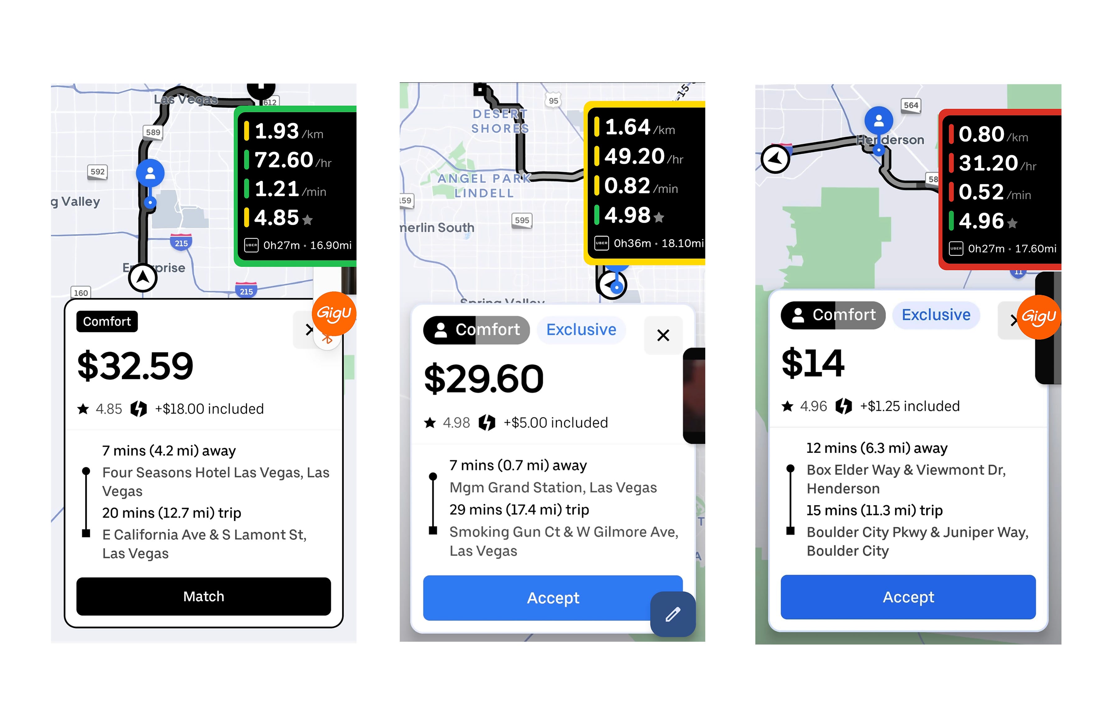 Screenshots show how GigU evaluates different rides on Uber. One on the far left shows a green-coded ride, suggesting that it meets the driver's goals, one in the middle shows a yellow-coded ride, and the one on the right shows a red-coded ride.