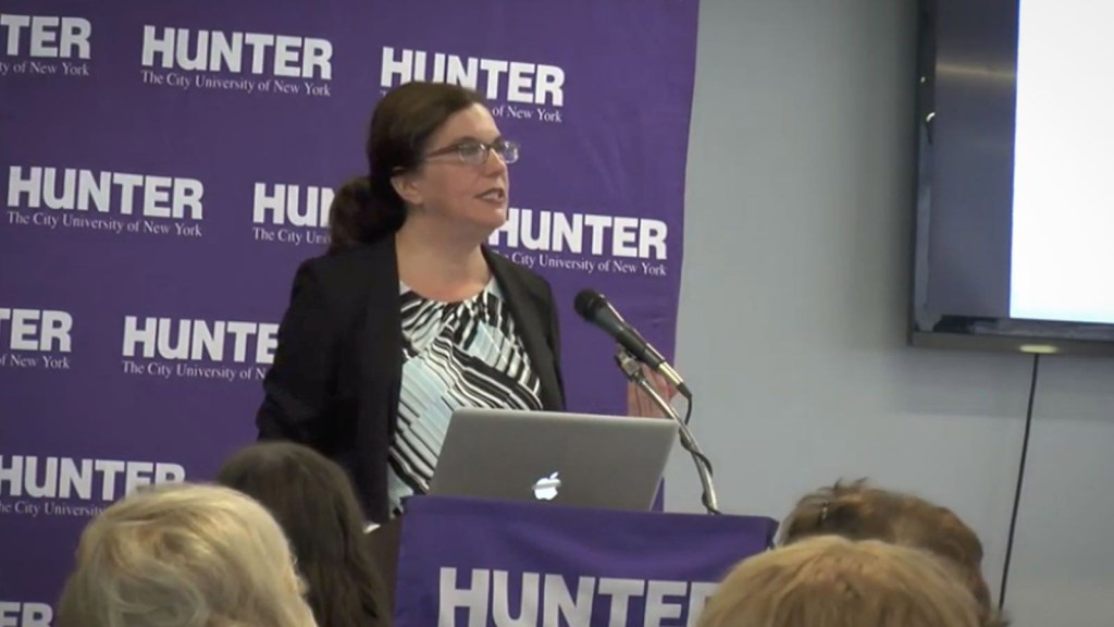 Leah Garrett, director of the Jewish Studies Center at Hunter CUNY, giving a talk about Mad Magazine in 2019