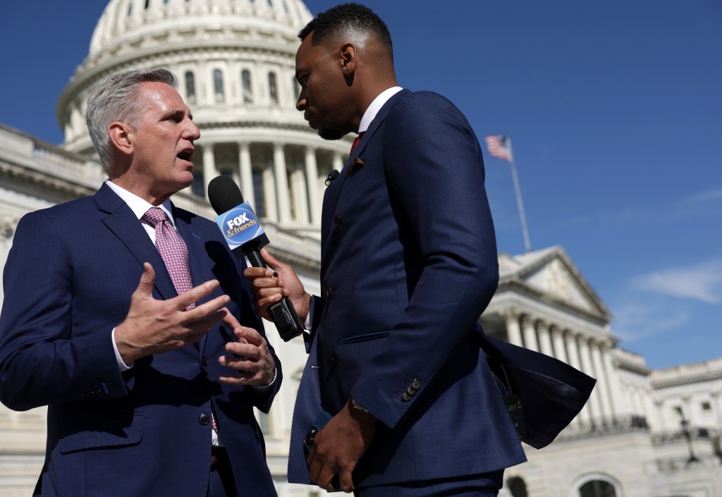Caldwell interviews House Minority Leader Kevin McCarthy outside the Capitol Building in Washington DC on Sept. 29, 2022.