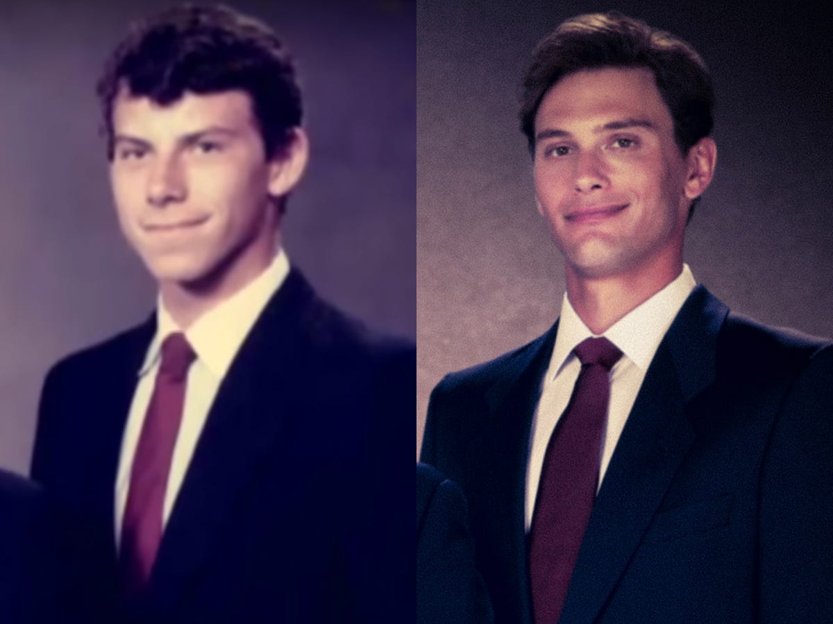 A composite image of two smiling young men with dark hair wearing dark blue suits and red ties.