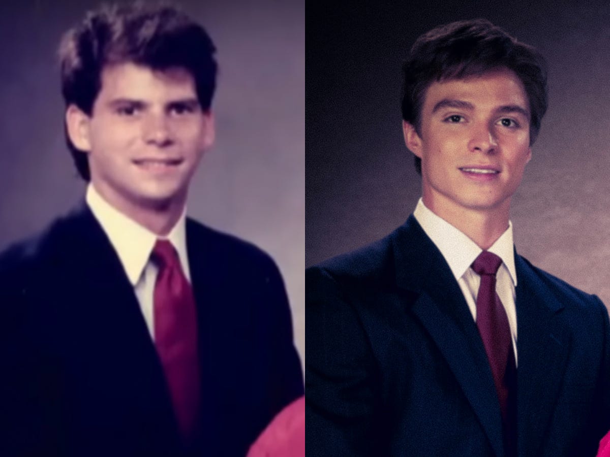 A composite image of two young men with dark hair in dark blue suits and red ties.