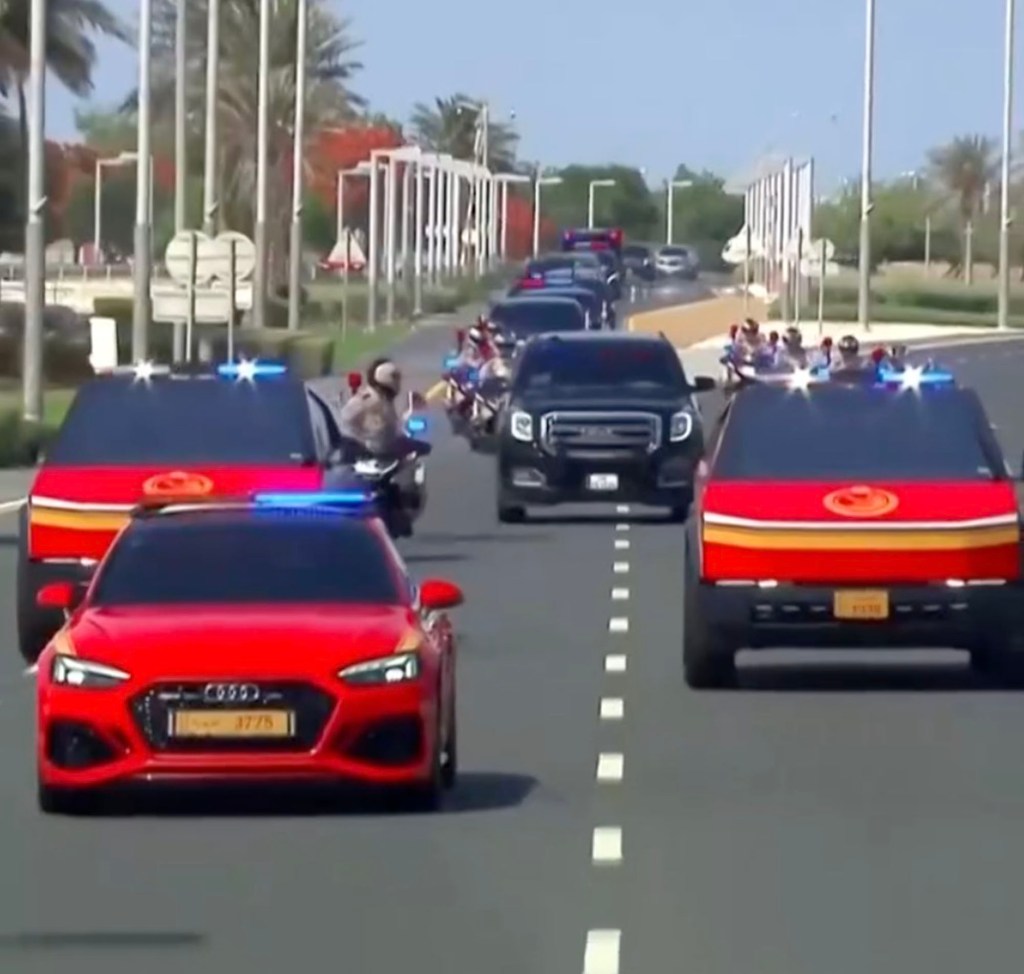 Donald Trump was given a Cybertruck-led motorcade as he arrived in Qatar on the next stop on his four-day visit to the Middle East.