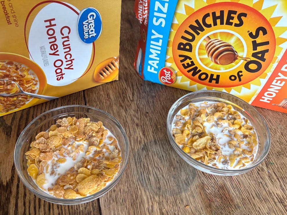 Boxes of Walmart Great Value Crunchy Honey Oats and Post Honey Bunches of Oats, with bowls of each cereal in milk.