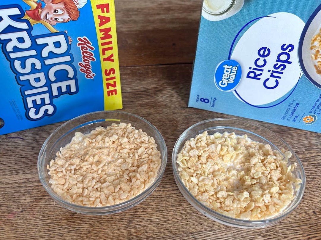 Boxes of Kellogg's Rice Krispies and Walmart Great Value Rice Crisps, with bowls of each cereal in milk.
