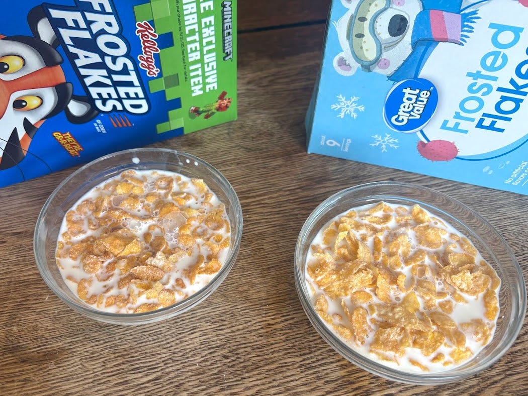 Boxes of Kellogg's Frosted Flakes and Walmart Frosted Flakes, with bowls of each cereal in milk.