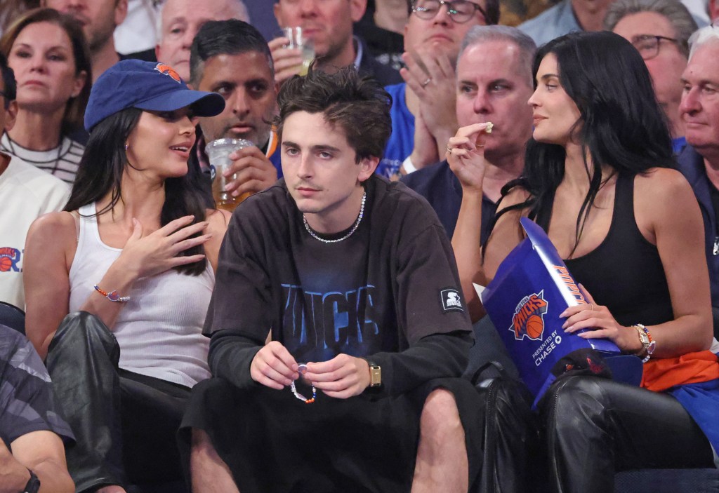 Timothée Chalamet with Kendall Jenner and Kylie Jenner at the New York Knicks game Monday. 