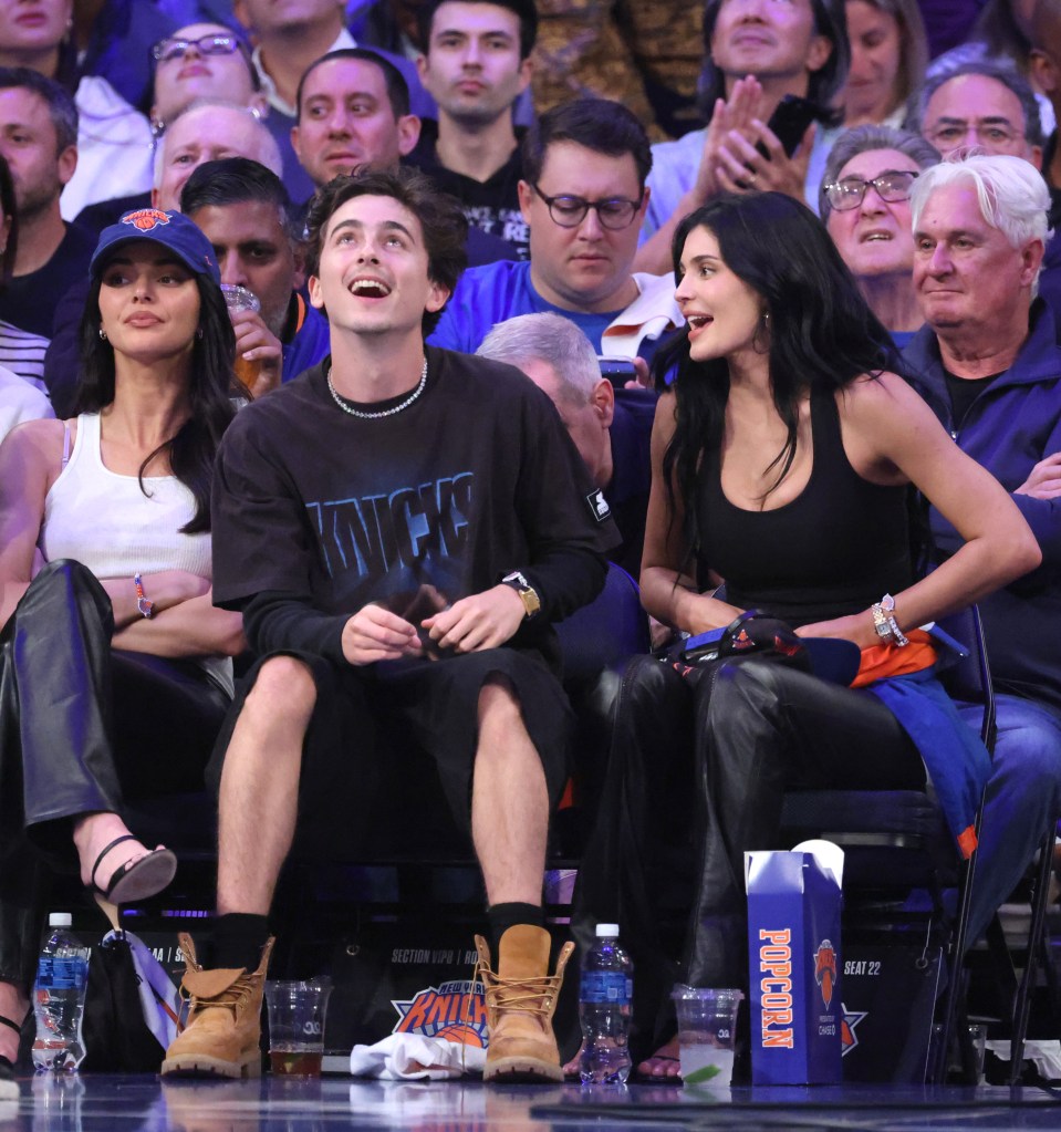 Timothée Chalamet with Kendall Jenner and Kylie Jenner at the New York Knicks game Monday. 