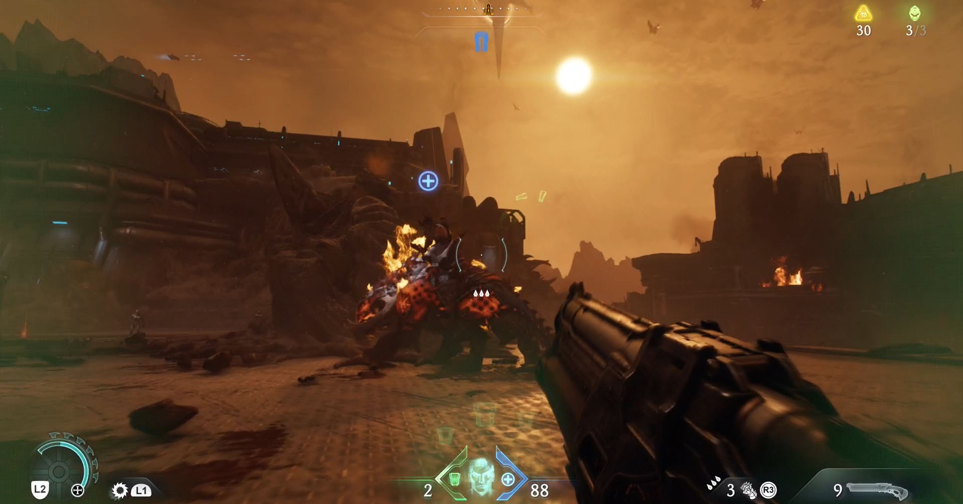 In this image there is the demonic beast ridden by the leader in Hebeth, one of Doom: The Dark Age’s levels. The beast has armor all over its body and they are on fire  due to the upgraded we unlocked for the combat shotgun.