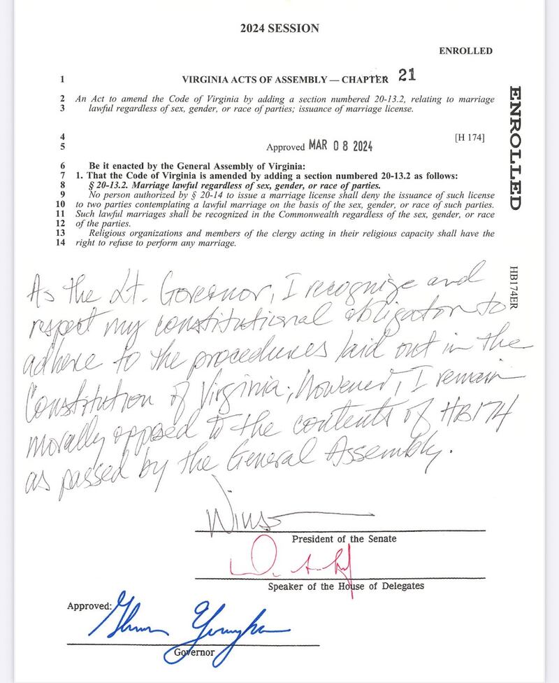 Lt. Gov. Winsome Earle-Sears added her handwritten message to the legislation passed by Virginia’s General Assembly and signed by current Gov. Glenn Youngkin.