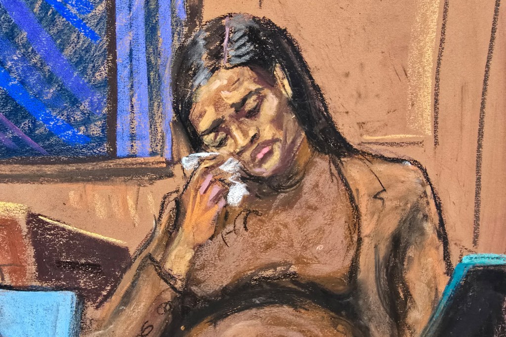Courtroom sketch depicting Sean 'Diddy' Combs' former girlfriend Casandra 'Cassie' Ventura reacting during testimony at Combs' sex trafficking trial in New York City, 2025