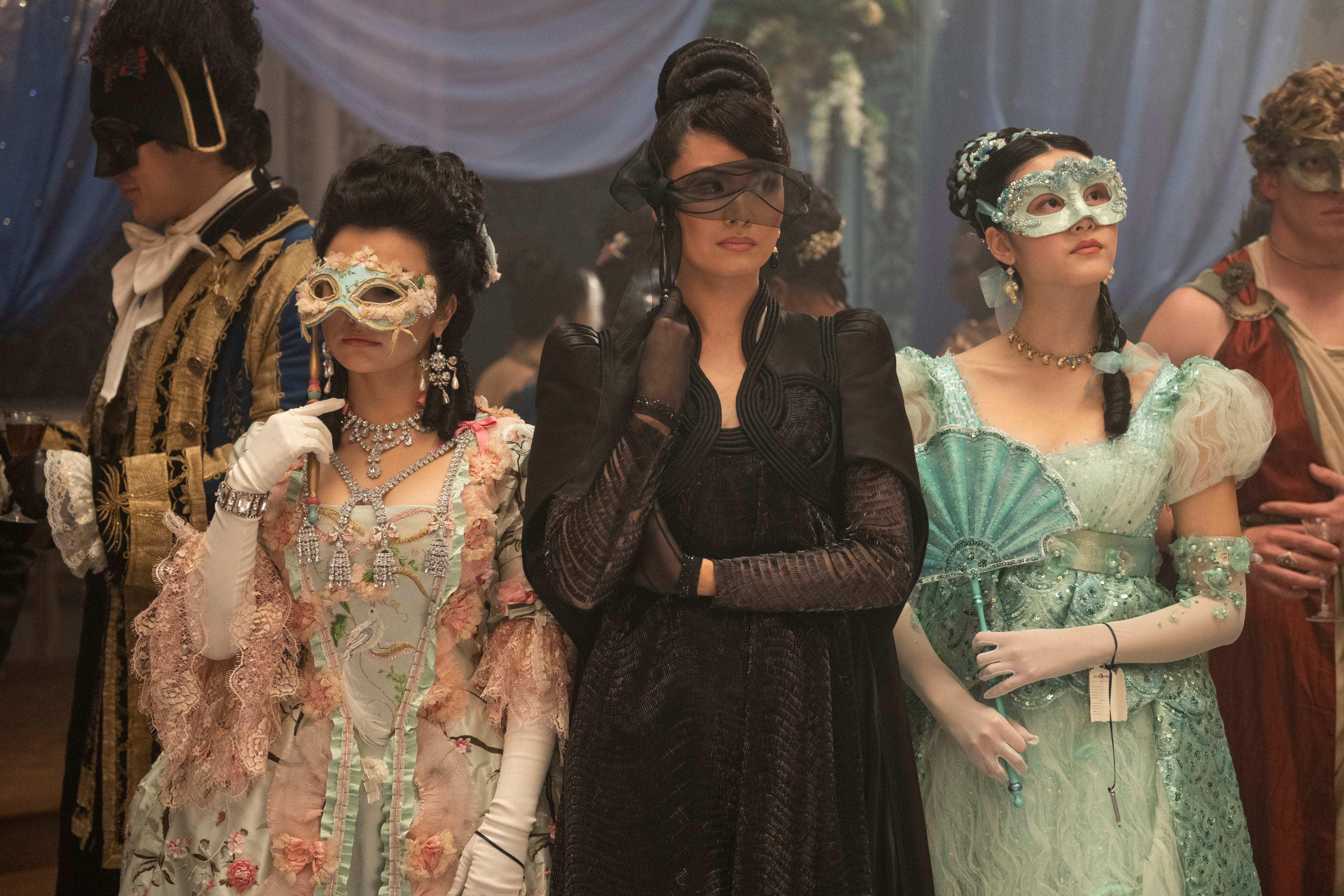 Michelle Mao as Rosamund Li, Katie Leung as Lady Araminta Gao, and Isabella Wei as Posy Li in season four of "Bridgerton."