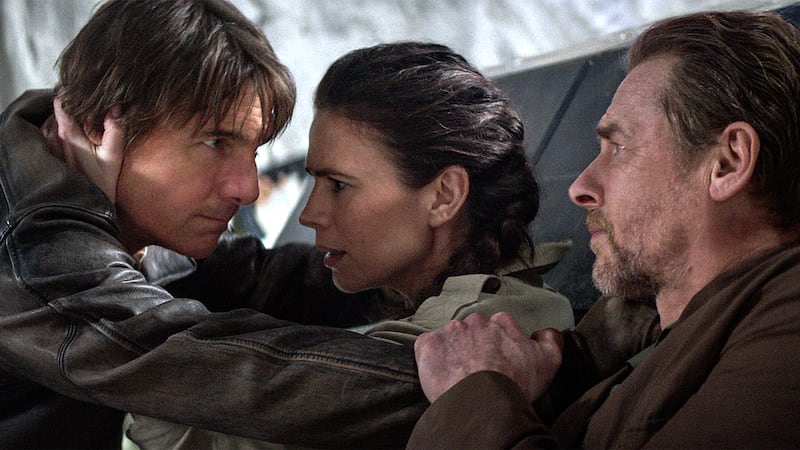 Tom Cruise, Simon Pegg, and Hayley Atwell in Mission: Impossible - The Final Reckoning.