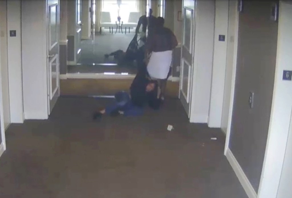 Video surveillance grabs show Cassie Ventura trying to sneak out of the hotel, but Diddy catching up to her in a towel and dragging her down the hallway. This is the 2016 hotel attack.