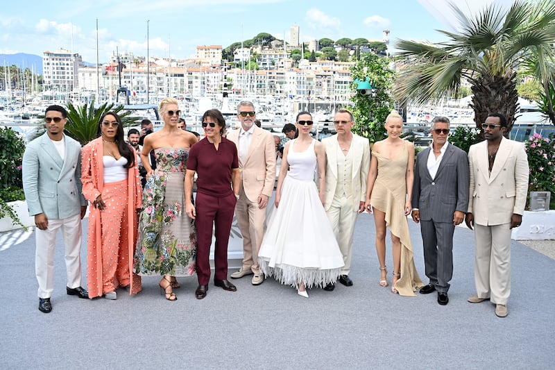 Greg Tarzan Davis, Angela Bassett, Hannah Waddingham, Tom Cruise, Christopher McQuarrie, Hayley Atwell, Simon Pegg, Pom Klementieff, Esai Morales, Tramell Tillman at the "Mission: Impossible The Final Reckoning" photocall at the 78th Cannes Film Festival held at Palais des Festivals on May 14, 2025 in Cannes, France.