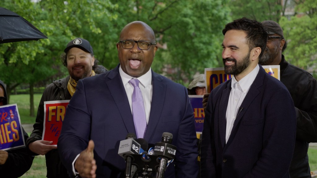 Ex-Squad Representative Jamaal Bowman endorsing Zohran Mamdani for mayor, with Roger M. Bobb and Craig Abaya present