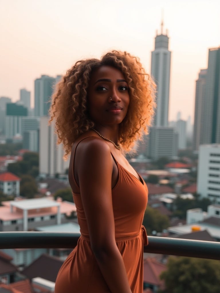 A woman standing against the Bangkok skyline.