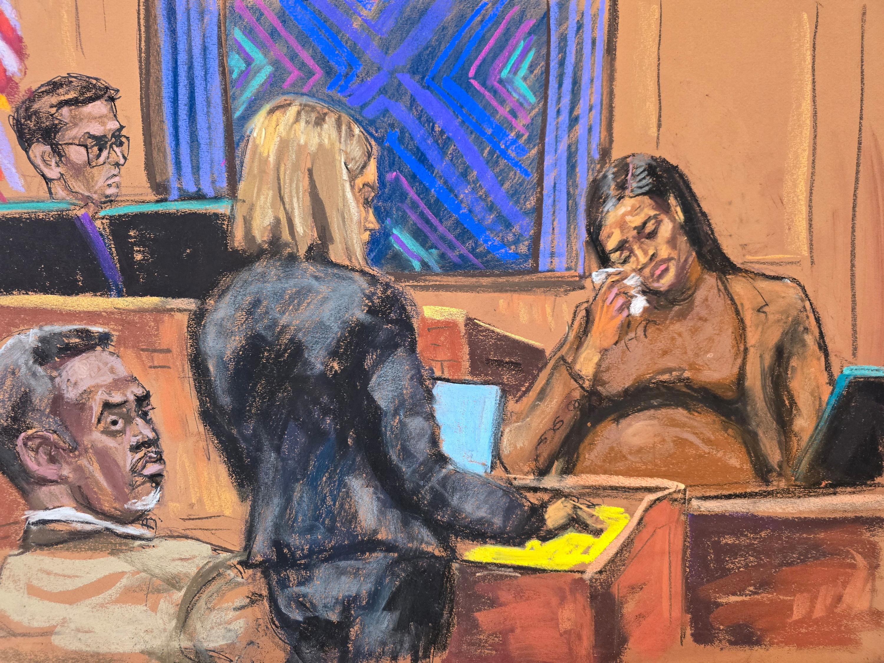 Casse Ventura cries on the stand in a court sketch. 