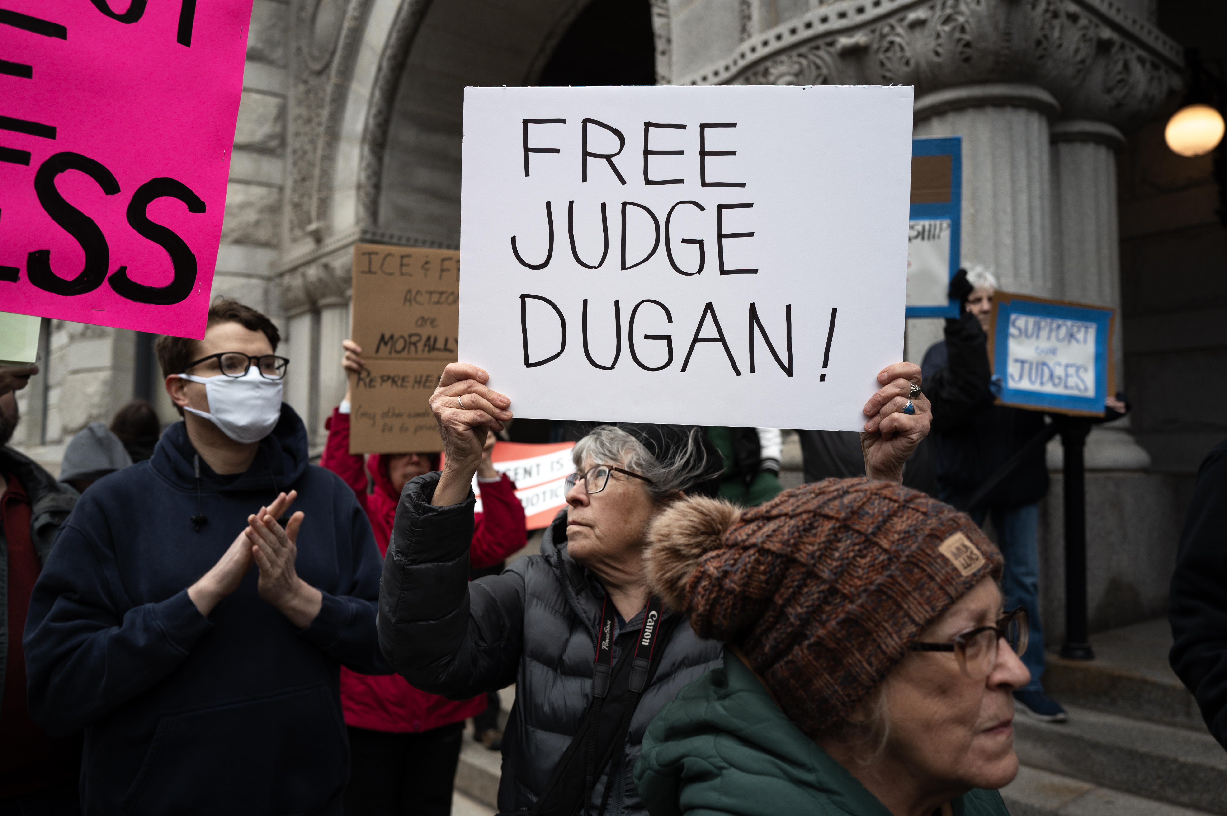 Protesters demonstrated outside the Milwaukee courthouse after Judge Hannah Dugan was arrested on her way to work on April 25.