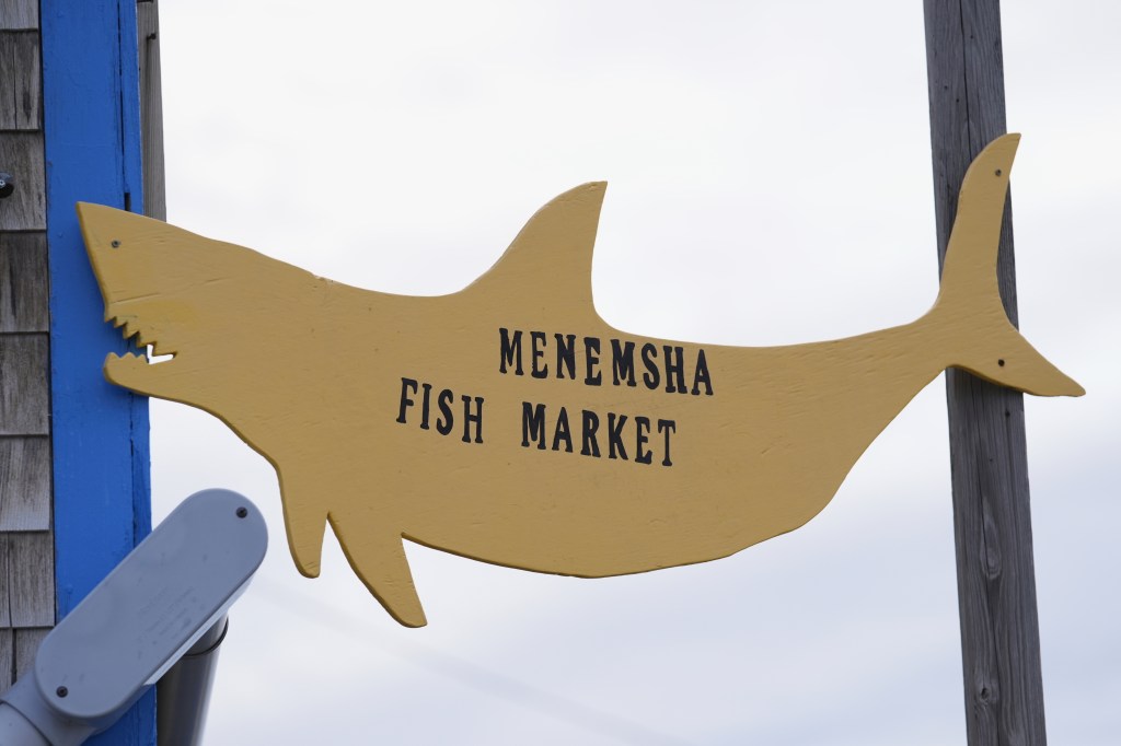 A shark cutout was turned into a sign for the Menemsha Fish Market in Chilmark, Mass on May 14, 2025.