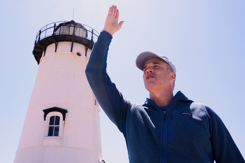 Pugh shows off the route he will take near the Edgartown Lighthouse on May 12, 2025.