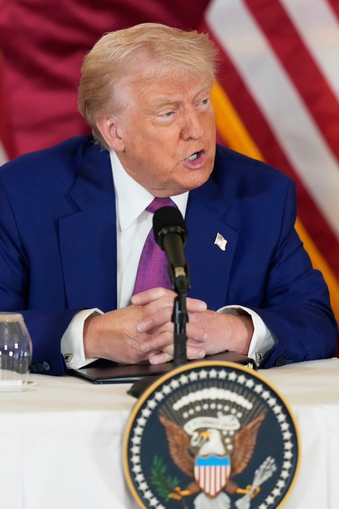 President Donald Trump speaks during a business roundtable, Thursday, May 15, 2025, in Doha, Qatar.