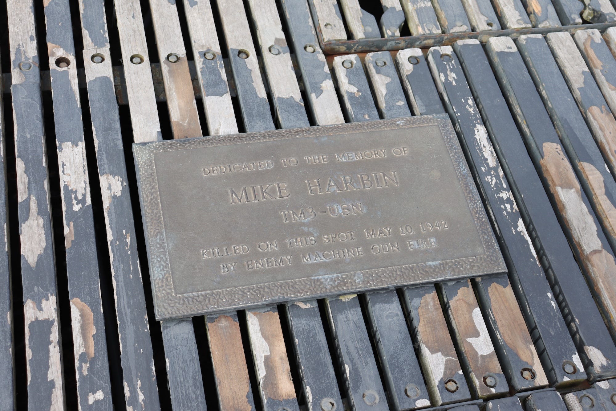 A plaque memorializing Mike Harbin on the USS Silversides.