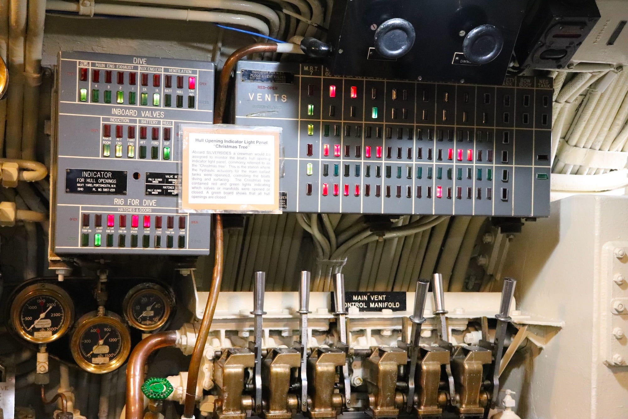 The hull opening indicator light panel, also known as the "Christmas tree," on the USS Silversides.