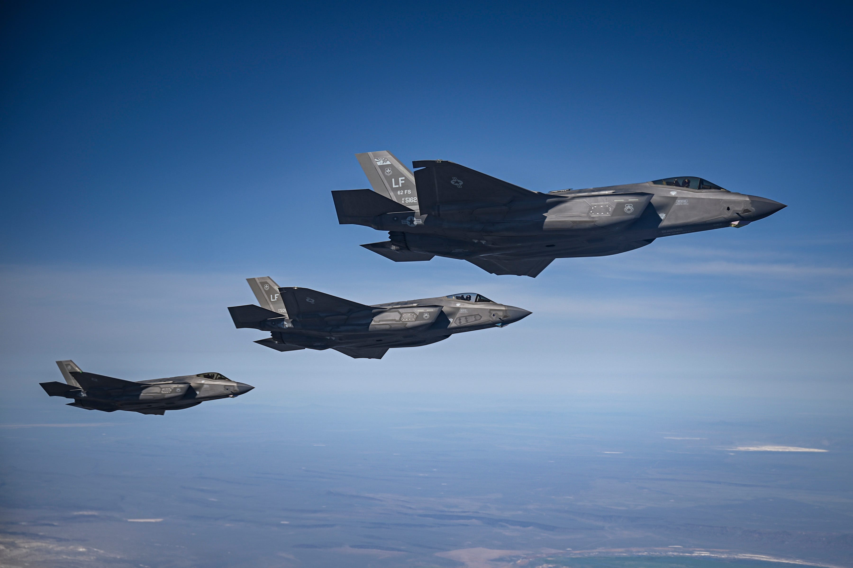Three U.S. Air Force F-35 Lightning II jets assigned to Luke Air Force Base fly in formation while waiting for in-flight refueling over Oregon, April 30, 2025.