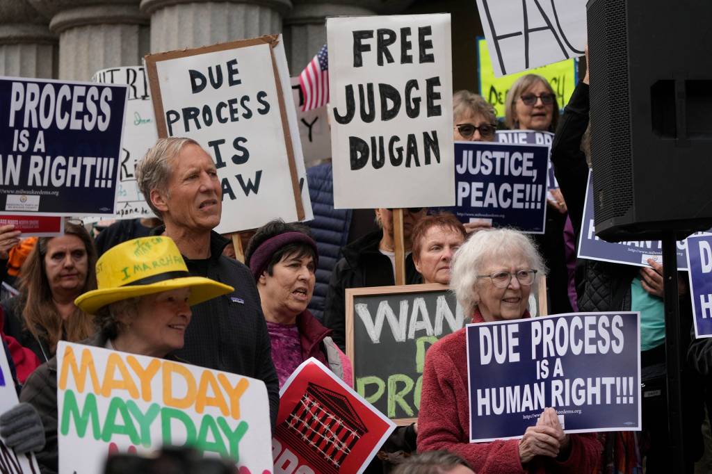 People gather during a demonstration in support of Milwaukee County Judge Hannah Dugan at the Federal Courthouse in Milwaukee on May 15, 2025. 