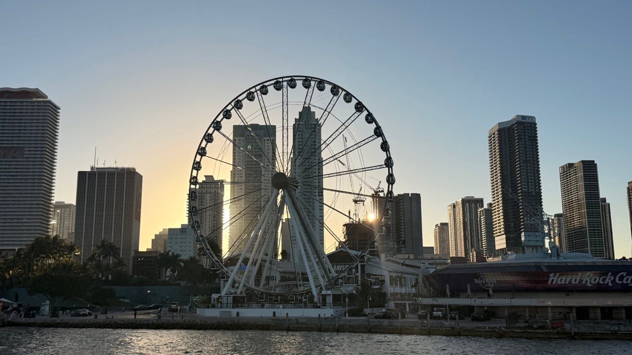 View of skyline, ferris wheel from water